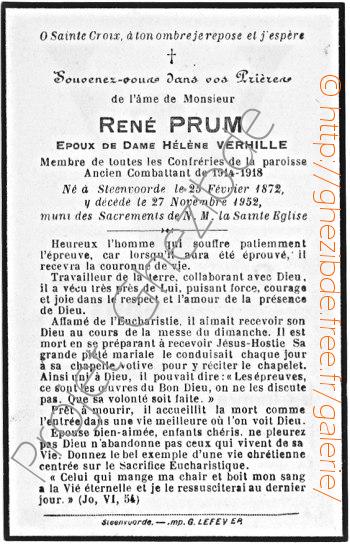 René Prum époux de Dame Hélène Verhille, décédé à Steenvoorde, le 27 Novembre 1952.
